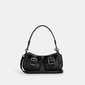 Coach Black Leather Shoulder Bag with Buckle Accents